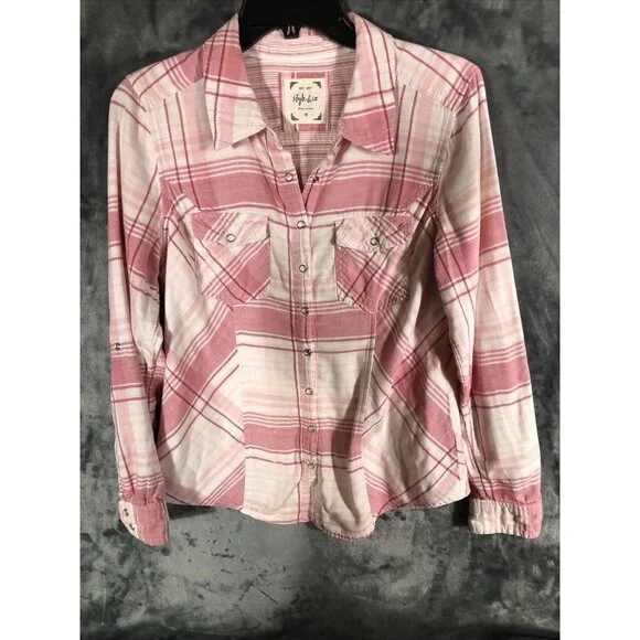 Style & Co Womens Shirt Button-Up Pink Plaid Size Medium - Picture 4 of 12